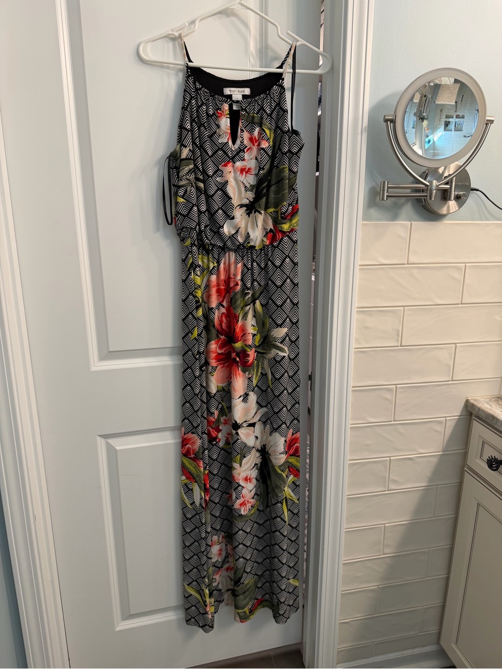 White House Black Market Black Maxi Dress with Red & White Floral Design